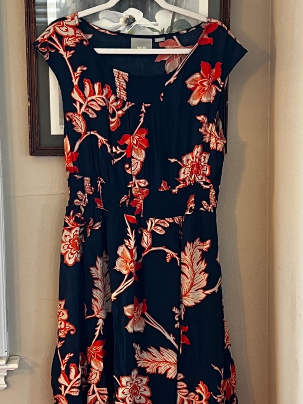 Maeve by Anthropologie Navy Floral Midi Dress with Red & Cream Accents